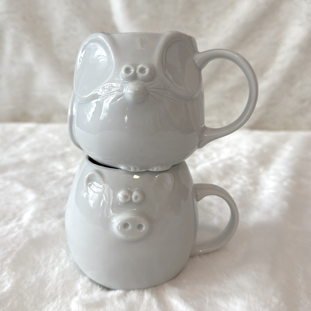 GHC Japan White Ceramic Tea, Coffee, Drink Mugs, Pig (12oz) & Mouse (10oz)